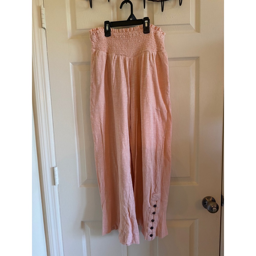 Free People Beach Womens Smocked Wide Leg Pants Peach Pink Button Hem Small